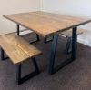 Scaffold board table with 2 benches on trapezium legs